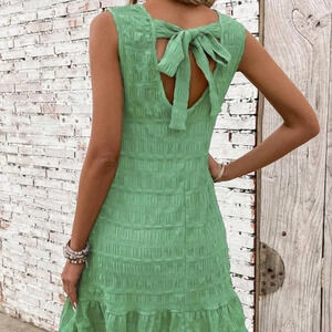 Women Texture Back Tie Halter Neck Ruffle Hem Summer Casual Dress